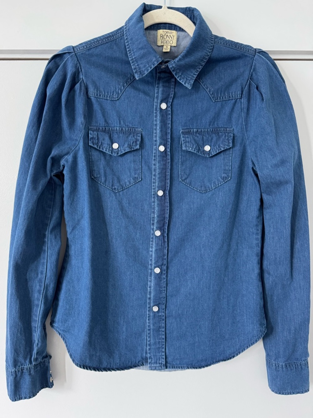 Torn by Ronny Kobo puff sleeve jean shirt medium wash size small